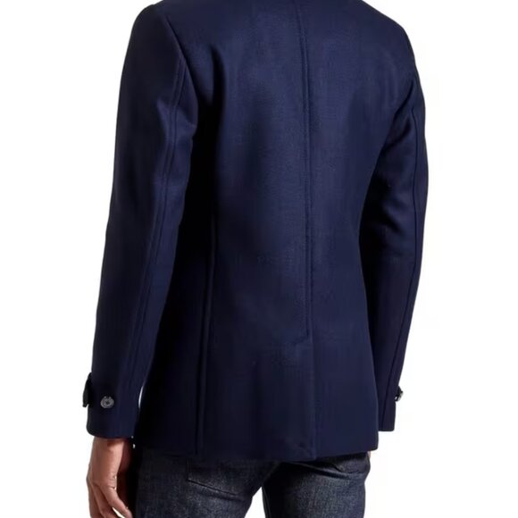 Men’s Ted Baker Navy Ossain Herringbone Wool Blend Peacoat Jacket, Size 4 Large - Picture 3 of 14